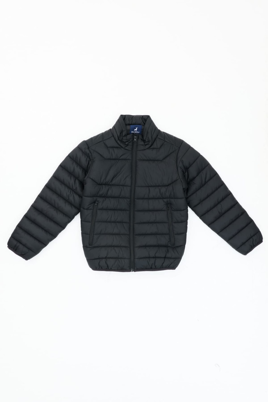 A black youth puffer jacket with a zippered front and a simple design, featuring a logo.