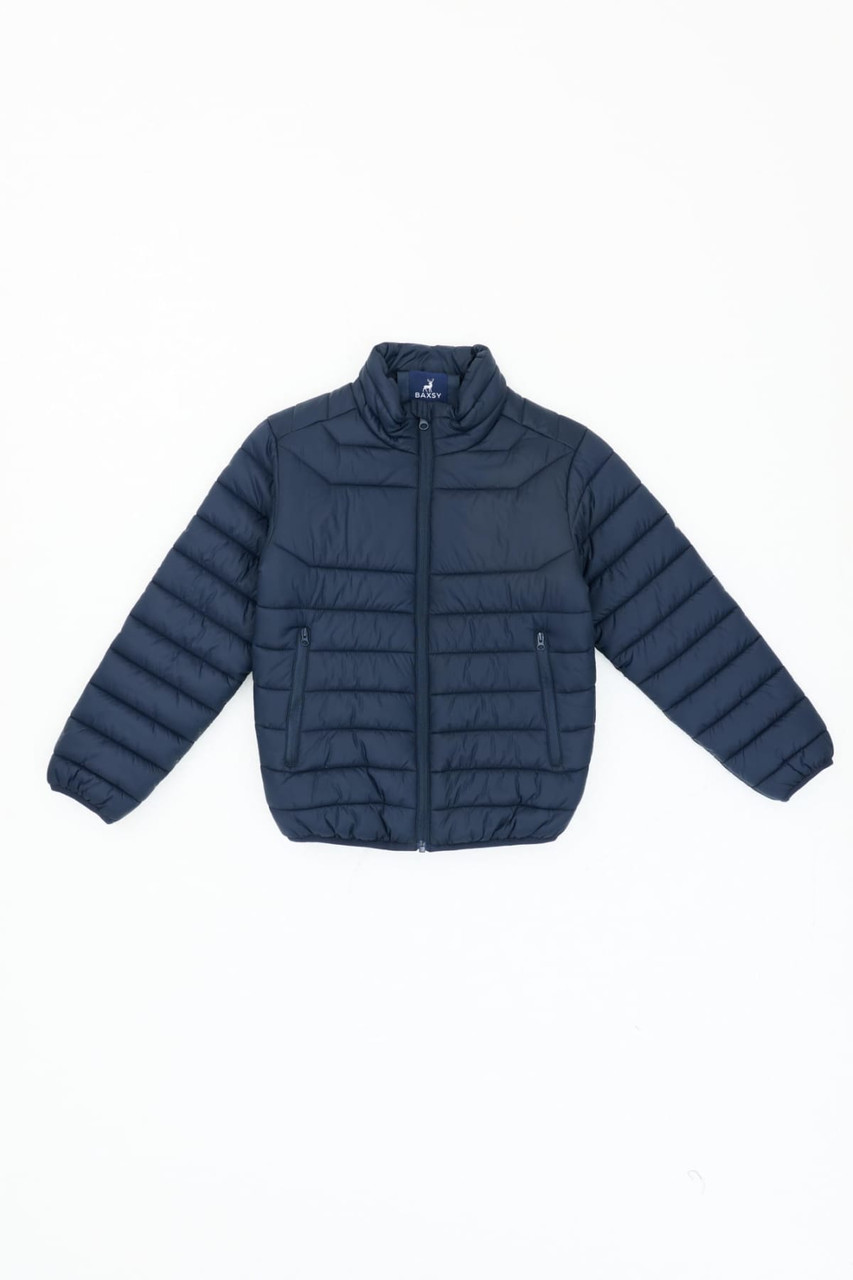 A navy blue youth puffer jacket featuring a zip front, stand-up collar, and zippered side pockets.