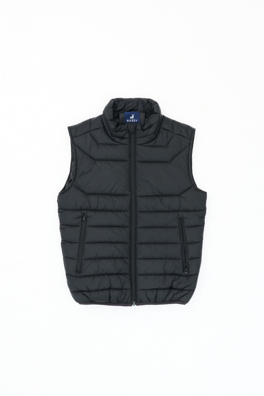 A black puffer vest with a high collar and zip closures, featuring side pockets and a logo.