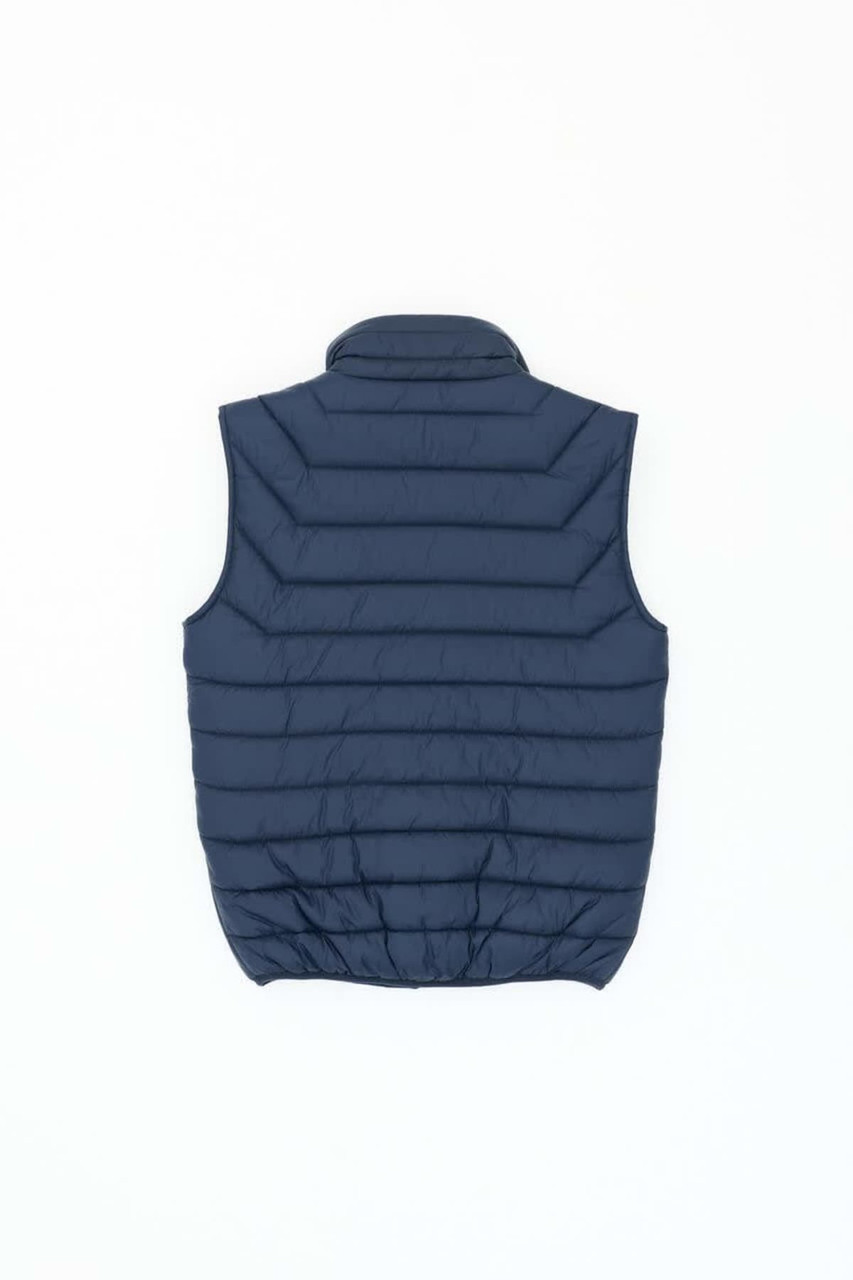 A navy blue puffer vest with a quilted design and high collar. It features a branding logo.