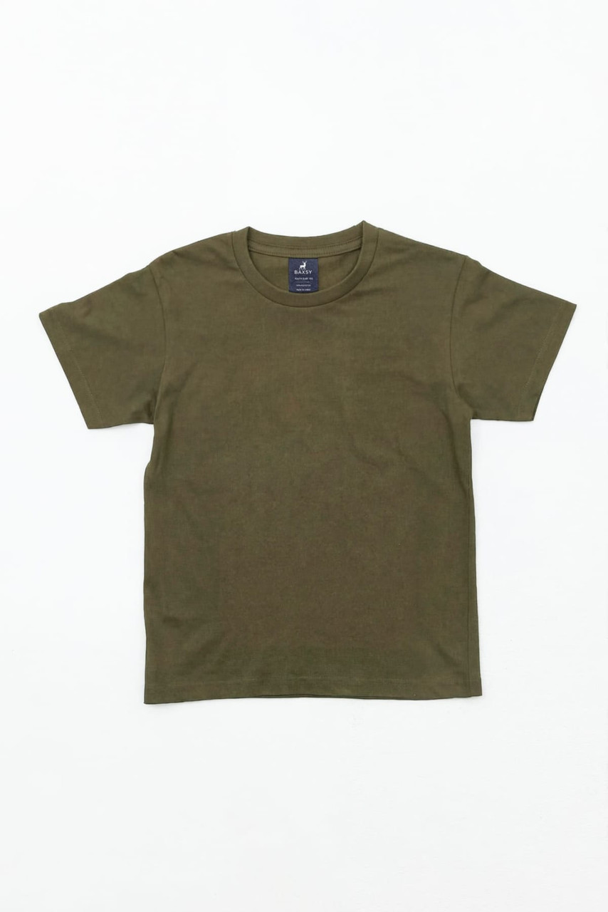 An olive green youth T-shirt featuring a round neck and short sleeves, with a logo at the neckline.