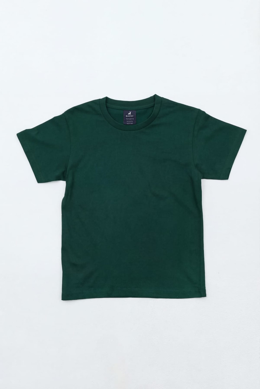 A green youth essential tee featuring a simple design and a crew neckline. It has a logo on the tag.