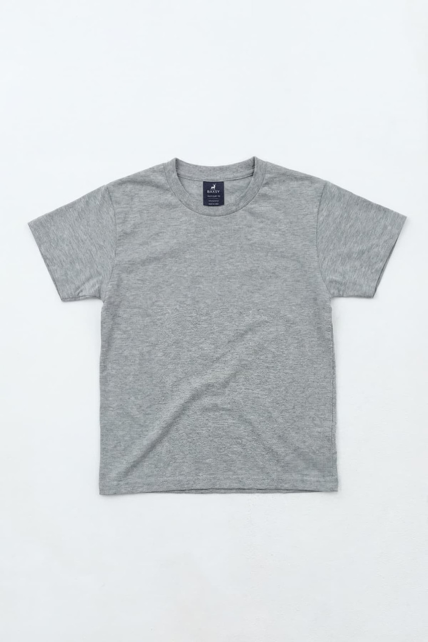 A grey youth essential tee shirt featuring a crew neck and short sleeves, with a logo on the label.