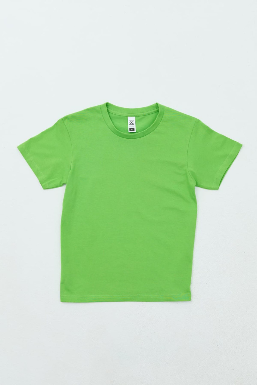A bright green Youth Essential Tee with short sleeves, featuring a label and no graphics.