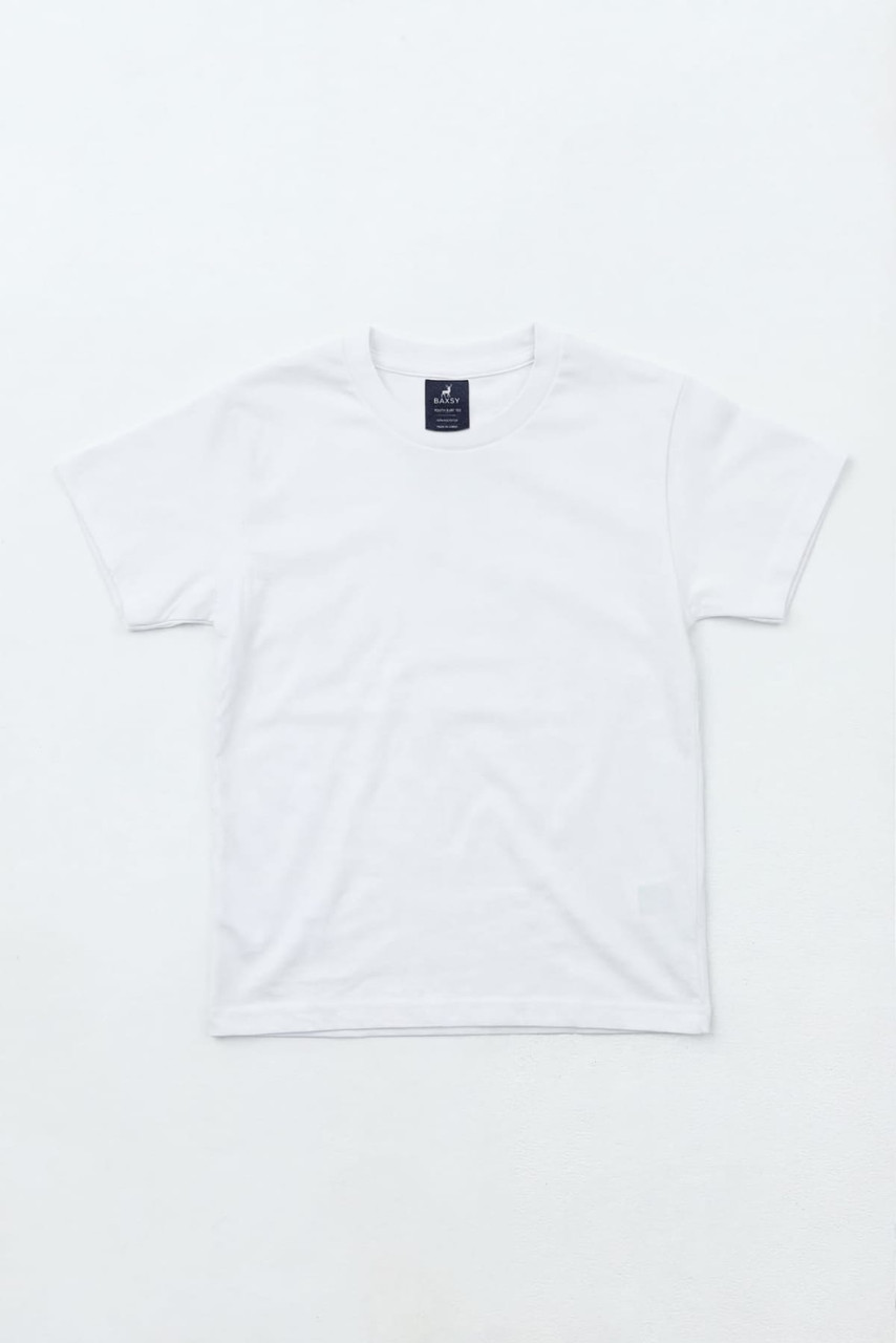 A white youth essential tee with a crew neckline and short sleeves, featuring a branded label.