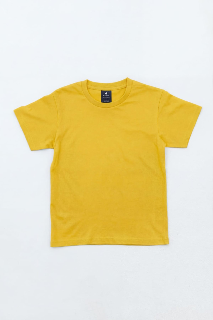 A yellow t-shirt displayed flat on a white background, featuring a label inside the neckline.
