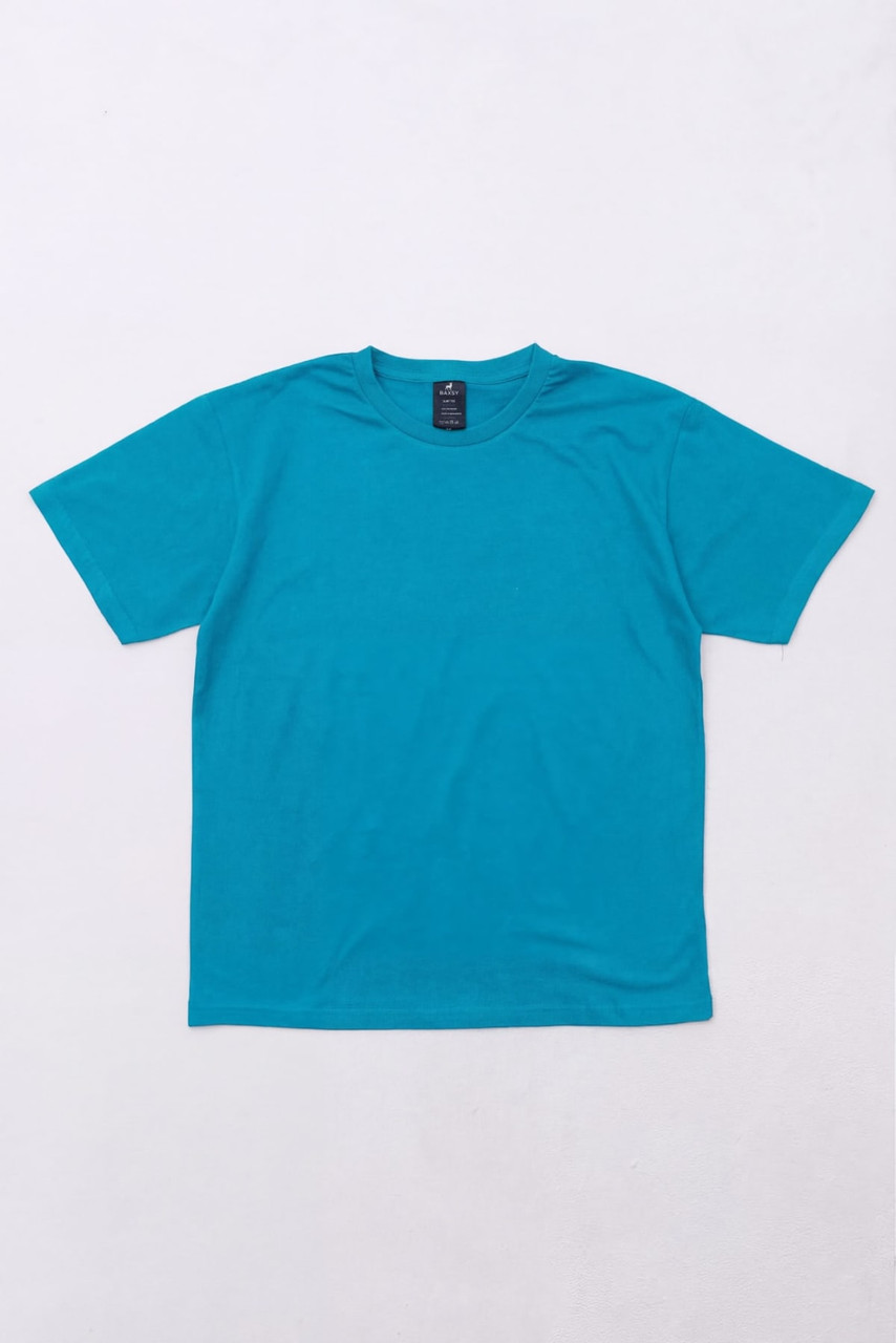 A turquoise t-shirt with short sleeves and a crew neck, featuring a label and no graphics.