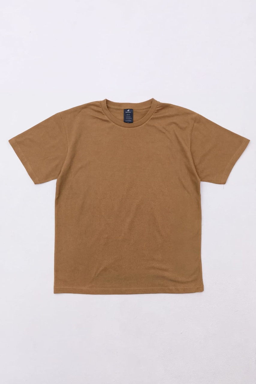 A brown t-shirt displayed flat, featuring a simple design and a tag at the neckline.