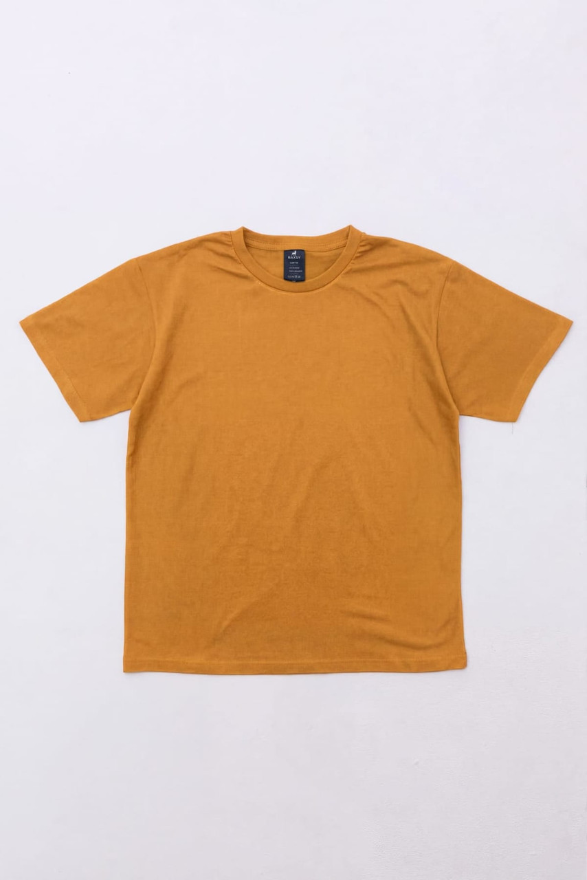 A mustard yellow t-shirt with short sleeves and a round neckline, featuring a logo on the inner tag.