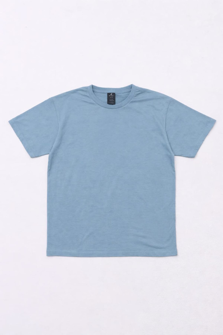 A light blue t-shirt displayed flat, featuring a simple design and a label at the neckline.