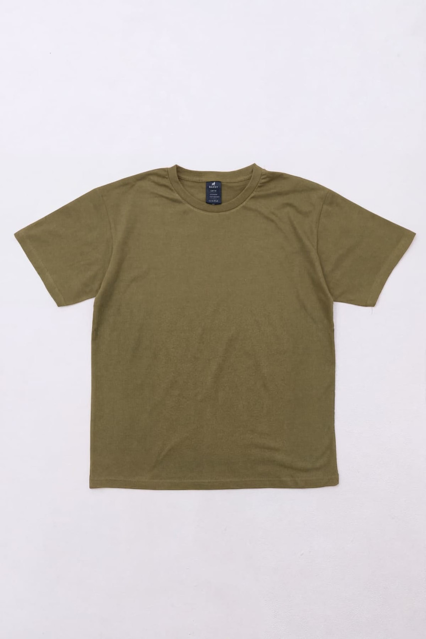 An olive green T-shirt with short sleeves. The shirt features a logo at the neckline.