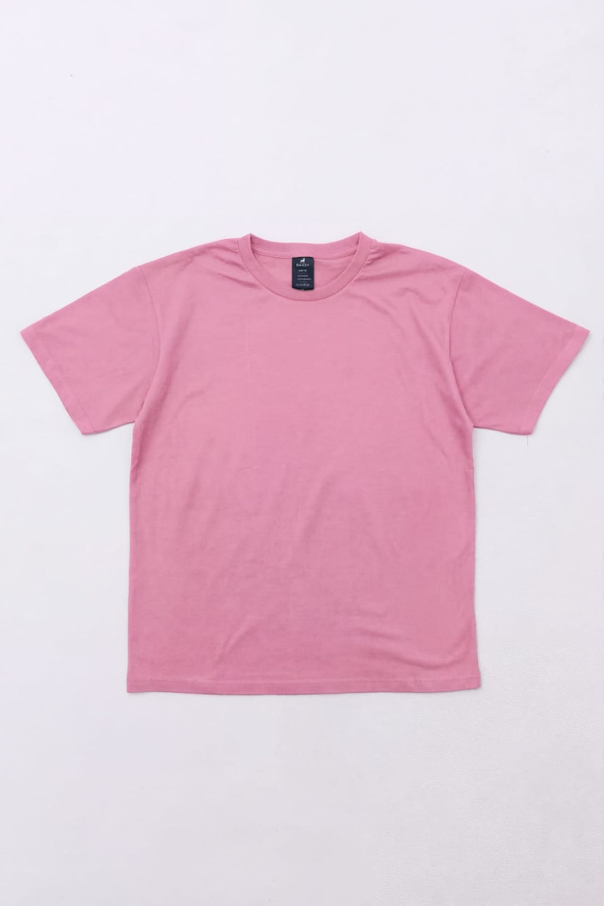 A pink T-shirt with short sleeves and a crew neck, featuring a branding label.