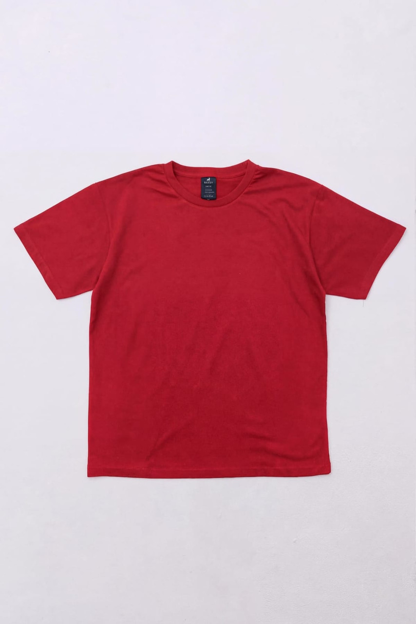 A red t-shirt displayed flat on a light background, featuring a tag and a simple design.