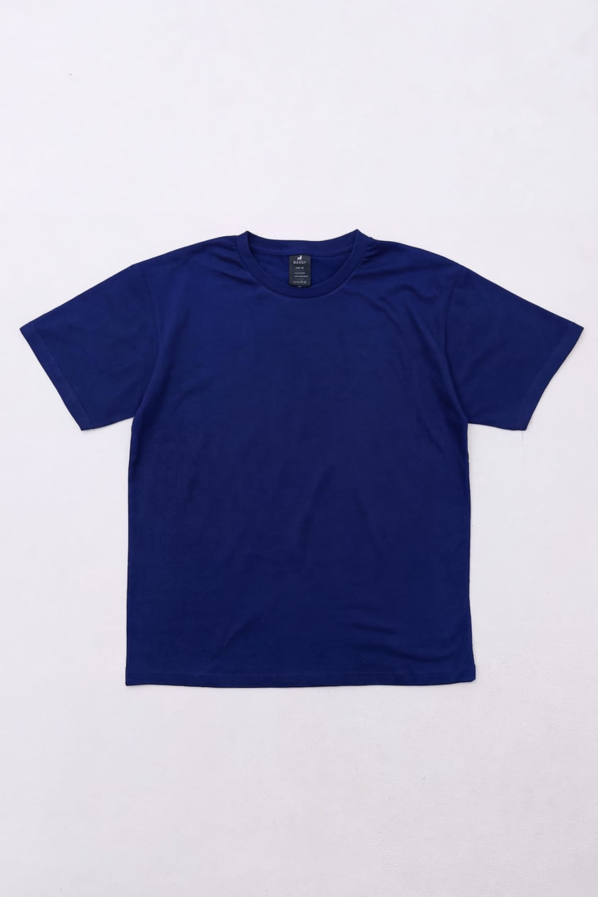 A navy blue t-shirt displayed flat. It features short sleeves and a tag inside the collar, with branding visible.
