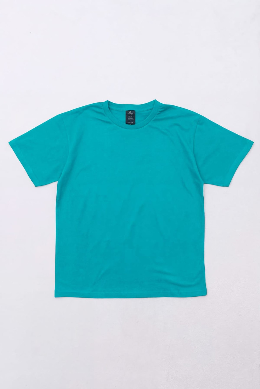 A teal t-shirt laid flat on a light background, featuring a logo on the neckline.