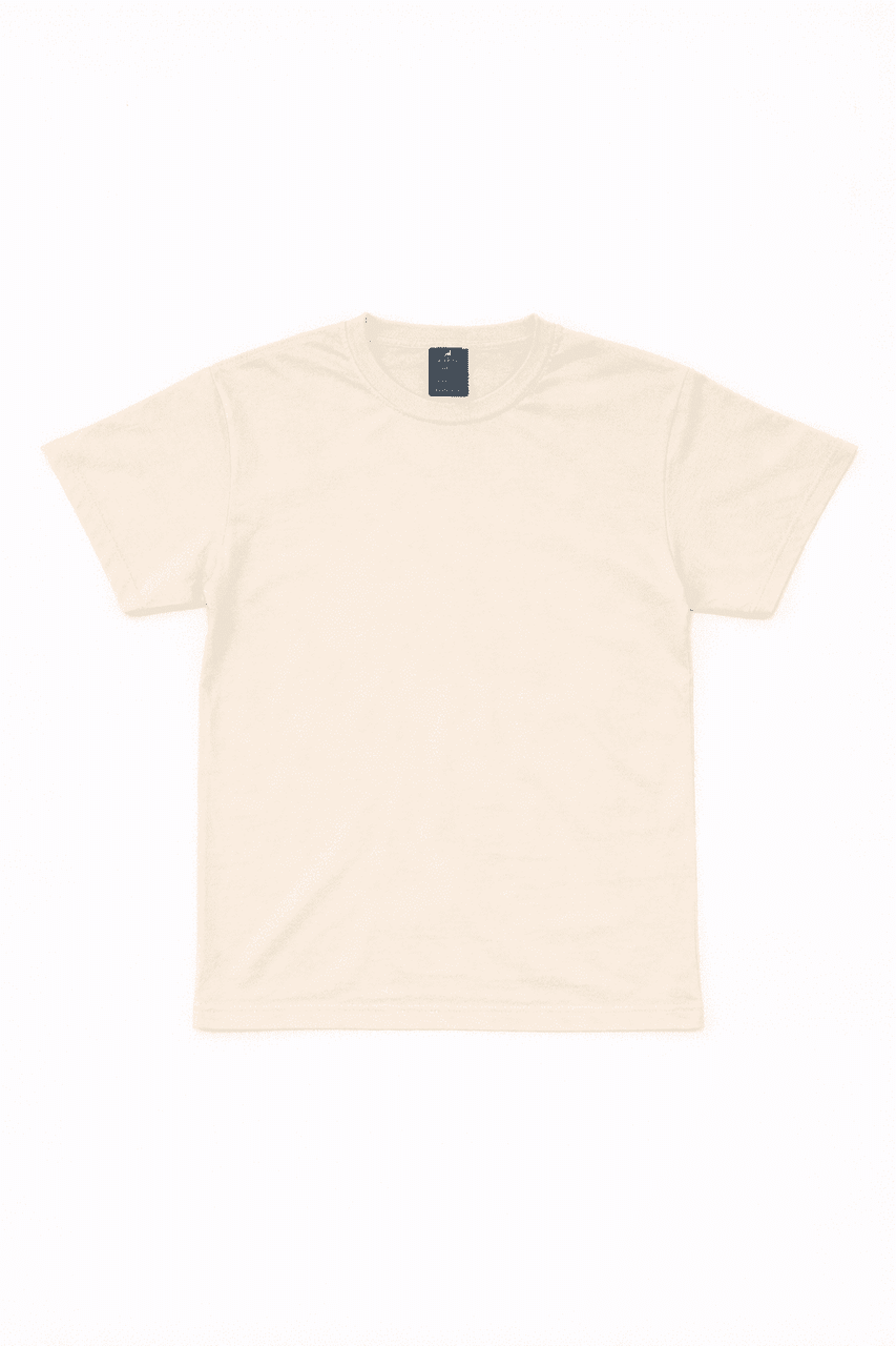 A plain cream t-shirt with short sleeves, featuring a small logo on the back.
