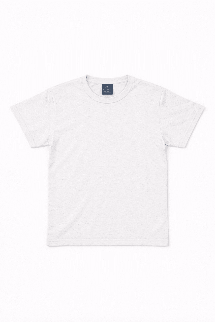 A white t-shirt displayed flat, featuring a round neck and short sleeves, with a branding logo on the collar.
