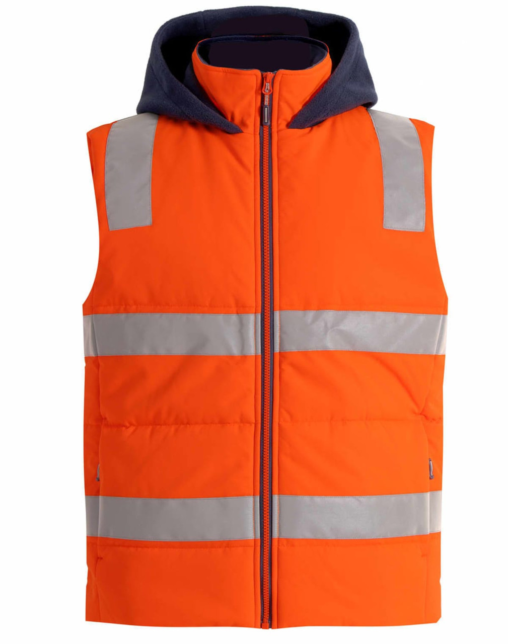 A bright orange unisex hi-vis hooded puffer vest with reflective strips and a navy hood. It features a front zip and a logo.