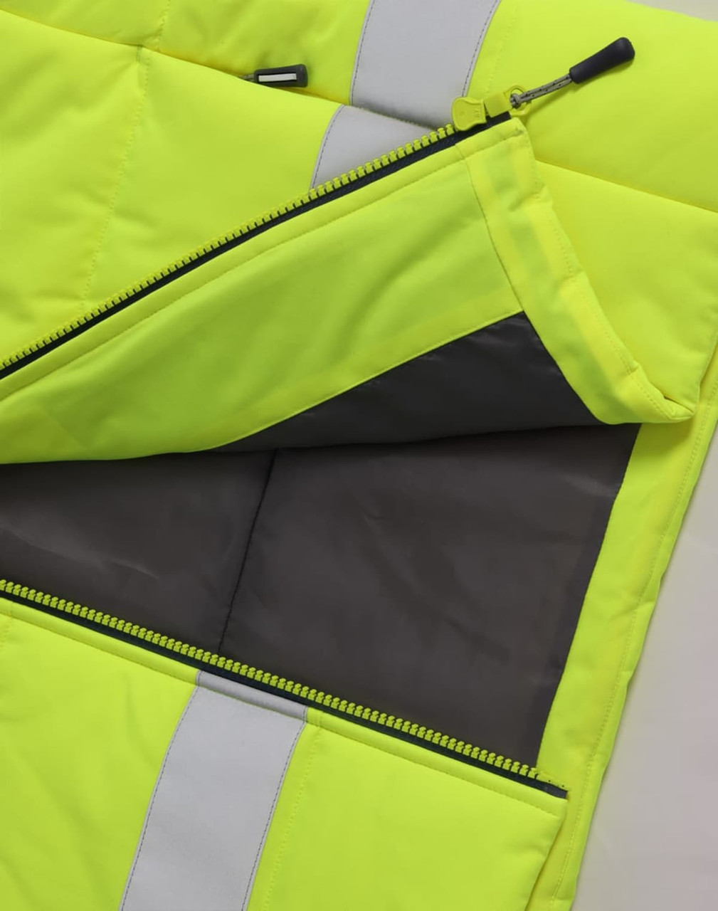 A bright yellow unisex hooded puffer vest with grey lining and reflective strips. It features a zippered opening.