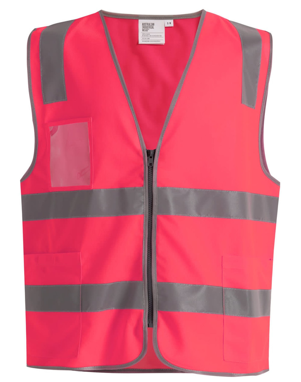 A vibrant pink safety vest featuring reflective stripes and utility pockets, including a clear ID pocket.