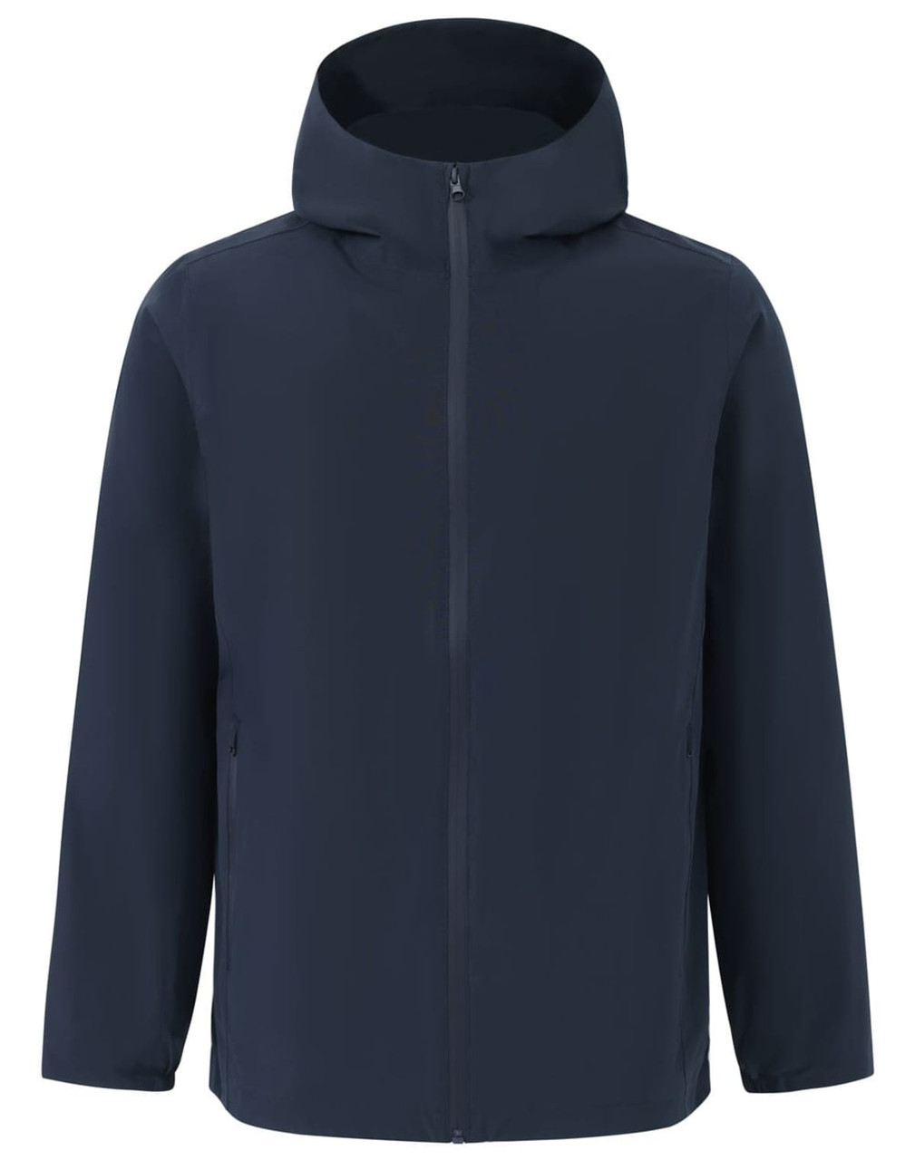 A navy unisex waterproof jacket with a hood and zippered front, featuring side pockets and a logo.