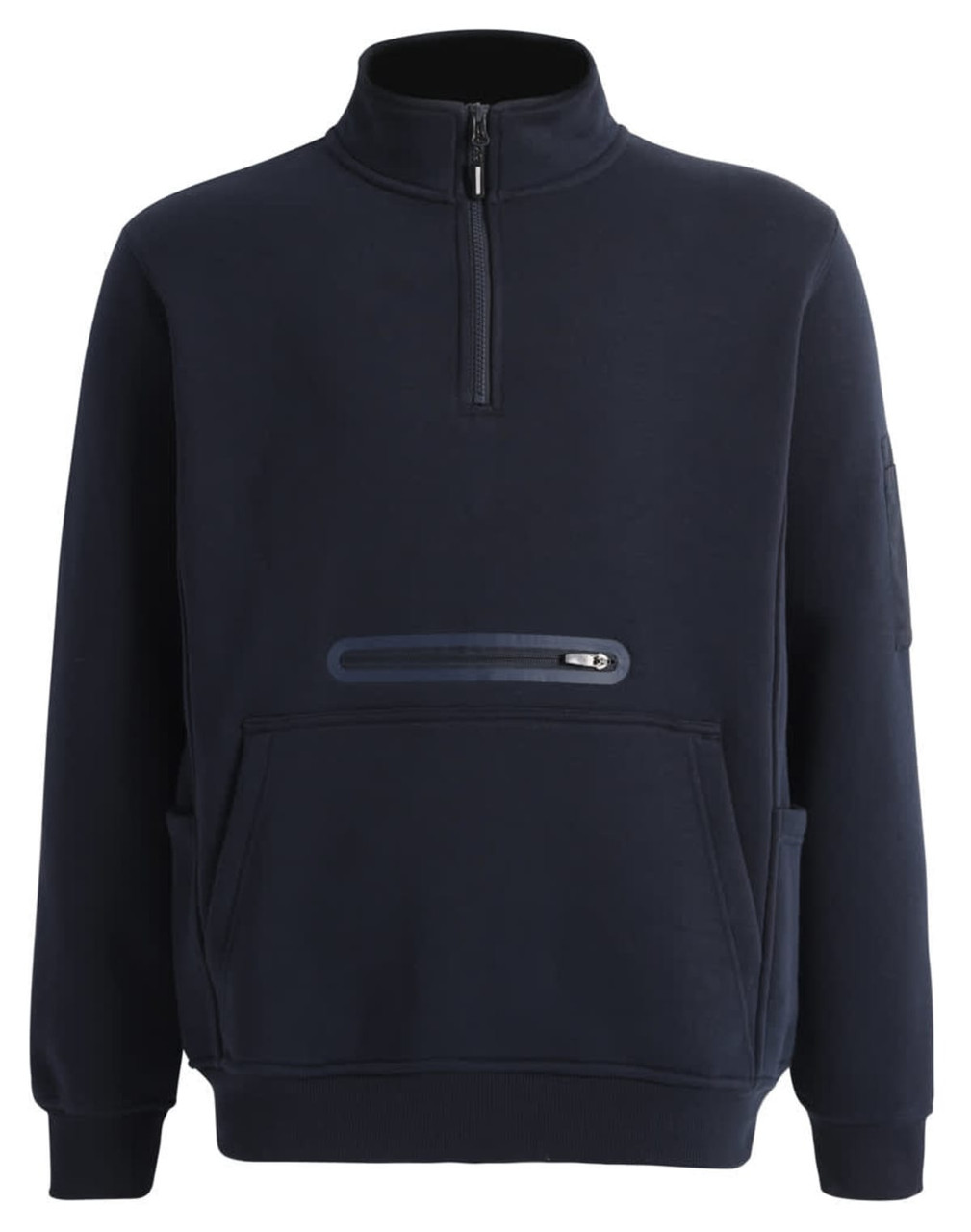 A unisex navy fleece half-zip work sweat with a front pocket and a logo on the sleeve.