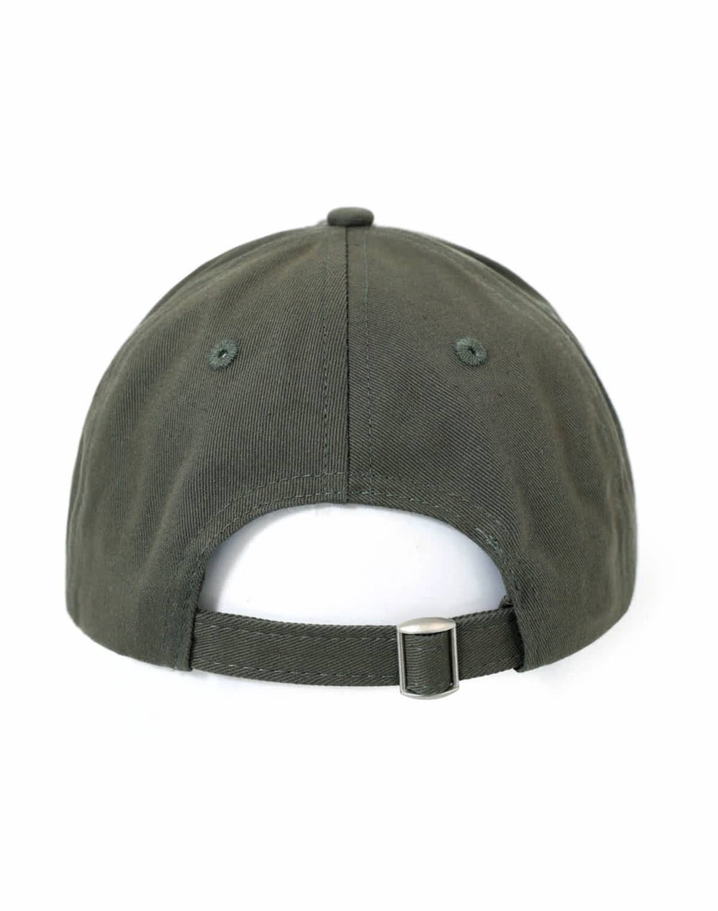 A green unstructured cotton twill cap featuring a curved brim and adjustable strap at the back.