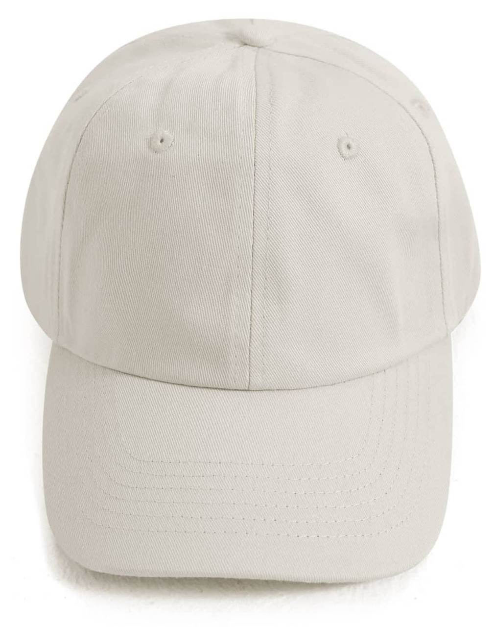 A light beige unstructured cotton twill cap with a curved brim and an adjustable strap at the back.