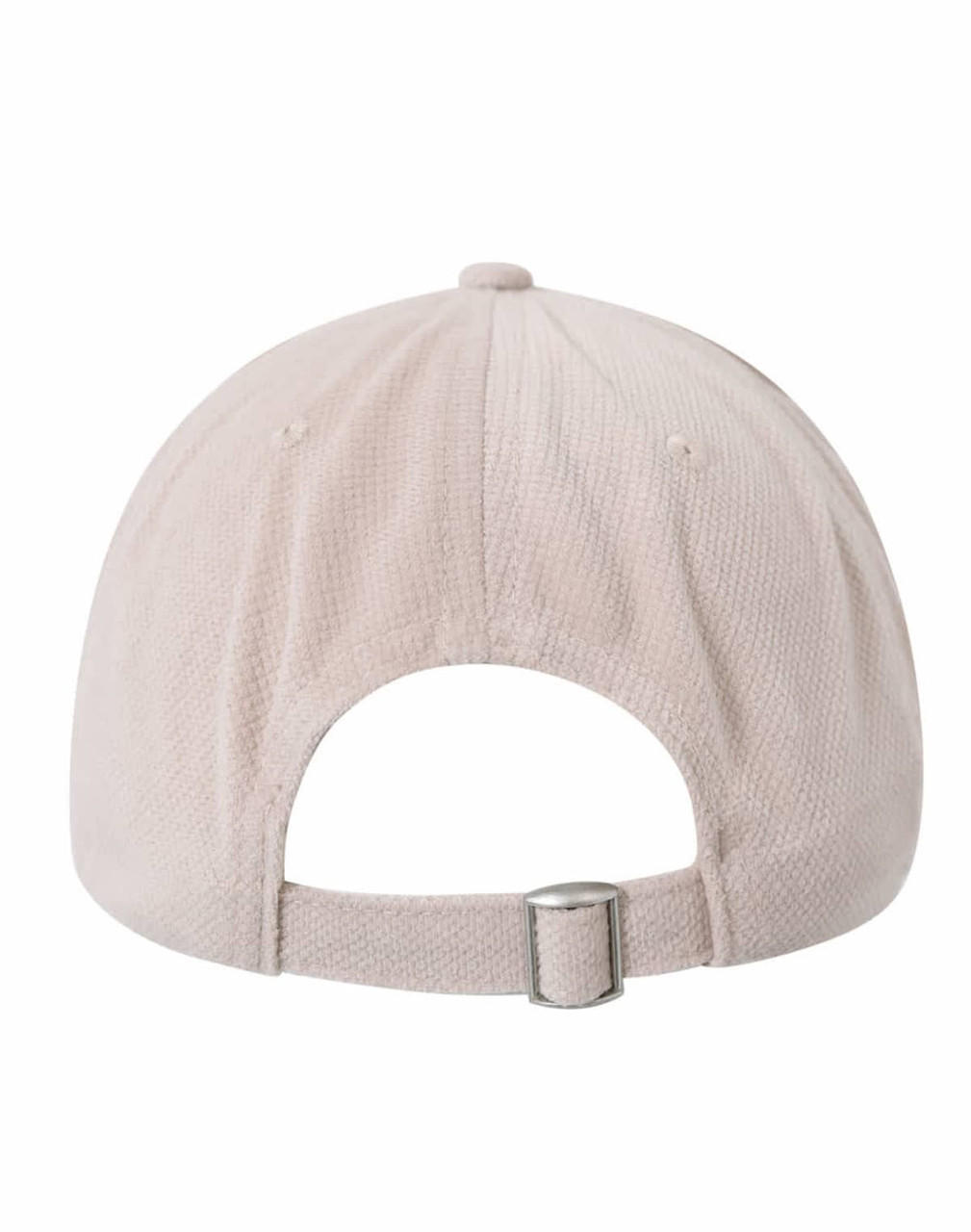 A light beige cap with a jacquard texture and an adjustable strap at the back, featuring a logo.
