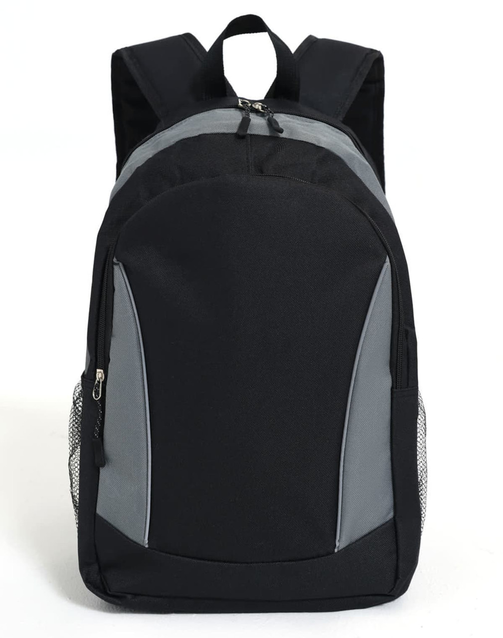 A black and grey backpack with padded shoulder straps and mesh side pockets. It features a logo on the front.