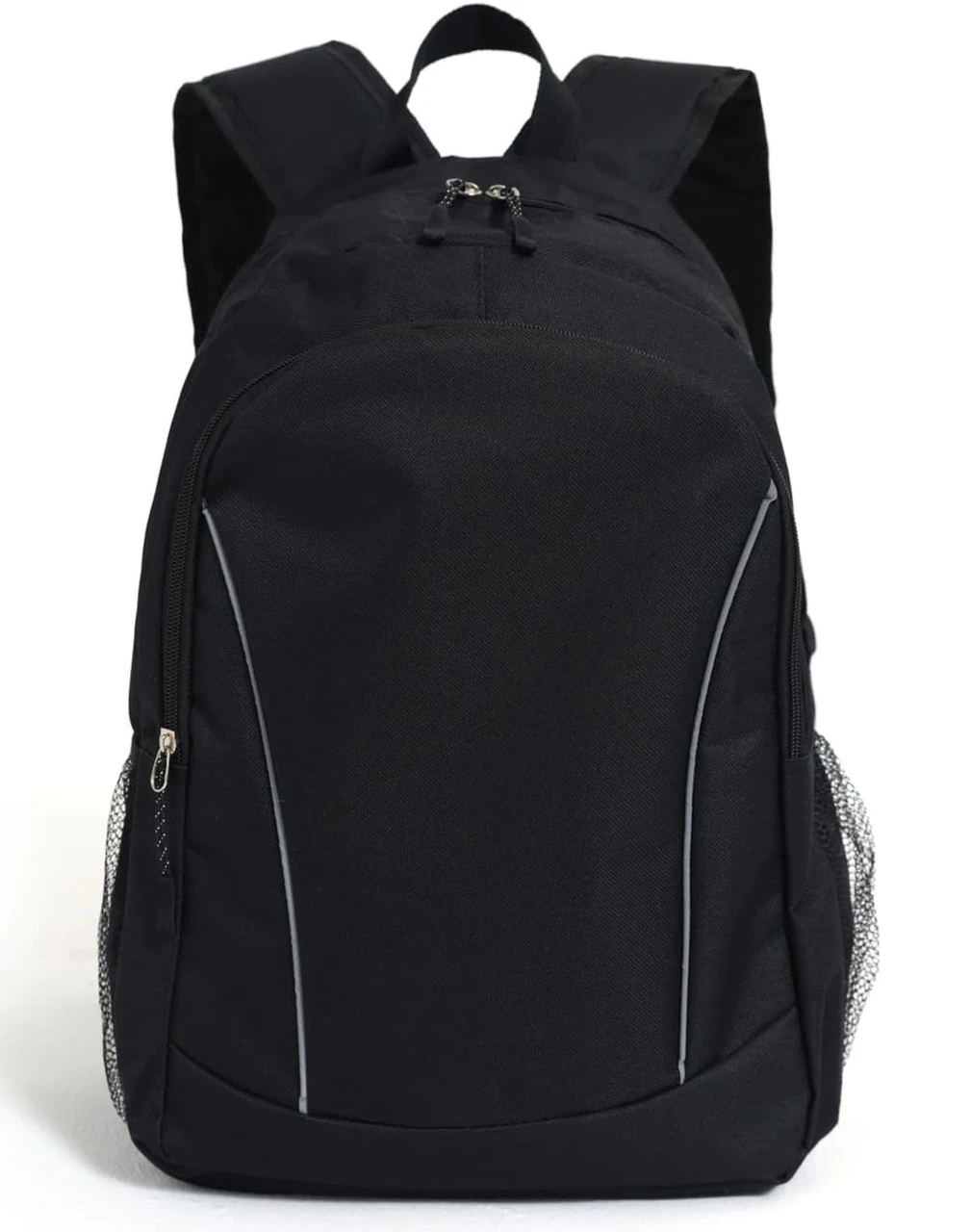 A black backpack featuring side pockets and a logo, designed for promotional use.