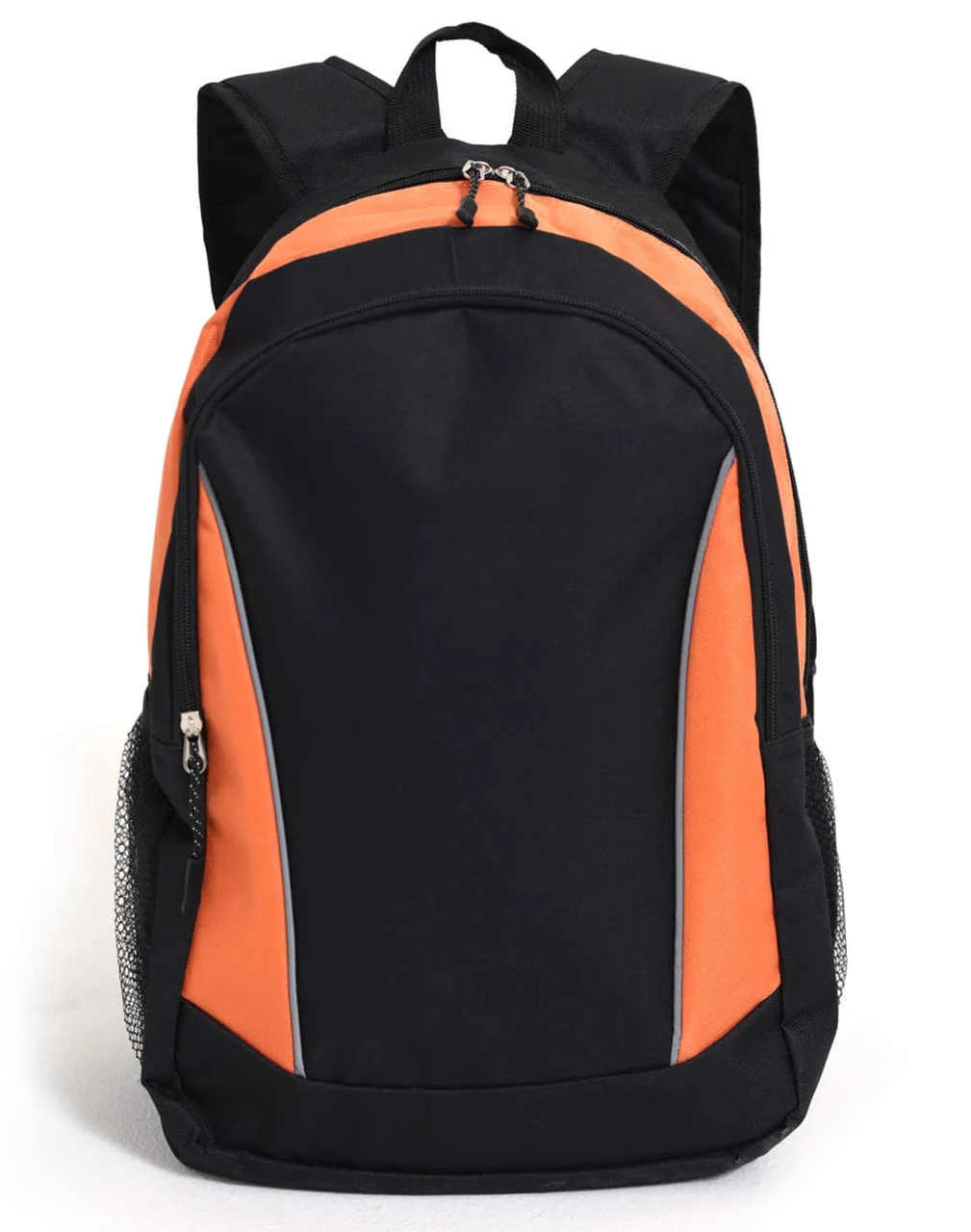 A black backpack with orange accents, featuring a zipped main compartment and mesh side pockets. It has a logo on it.