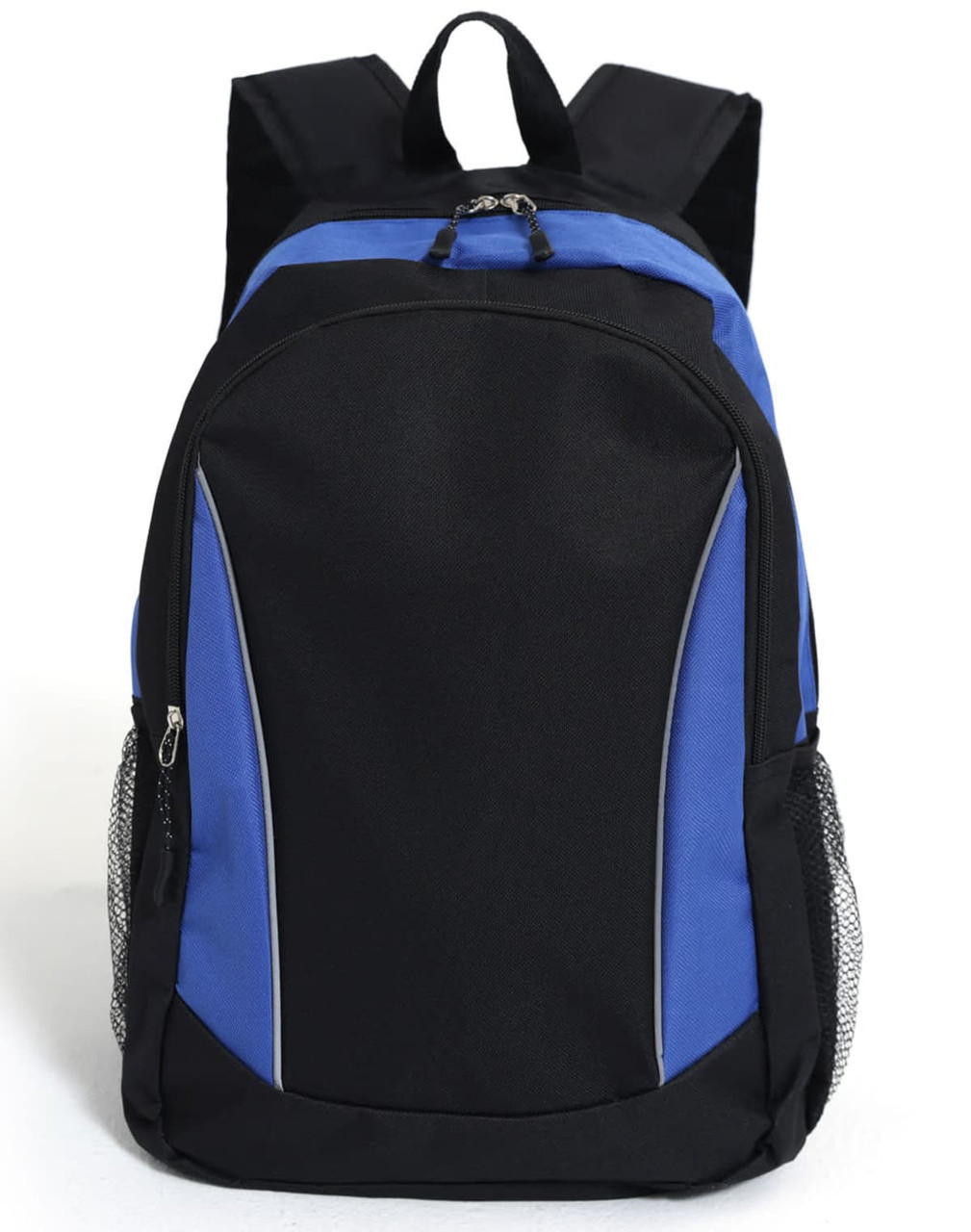 A black and blue backpack with adjustable straps and side mesh pockets. It features a logo on the front.