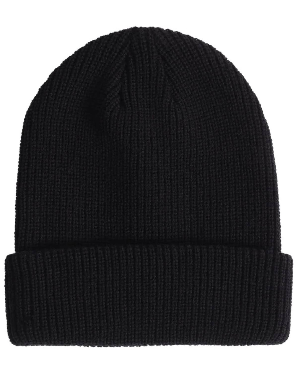 A black roll-up cable knit snug beanie with a ribbed texture and a folded cuff. It features a logo.