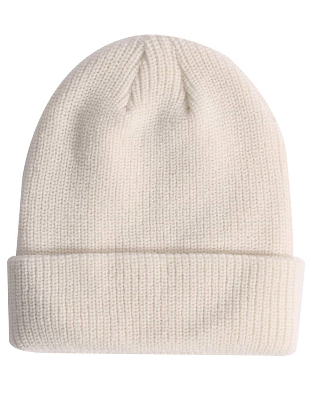 A white cable knit snug beanie with a rolled cuff and a branding logo.
