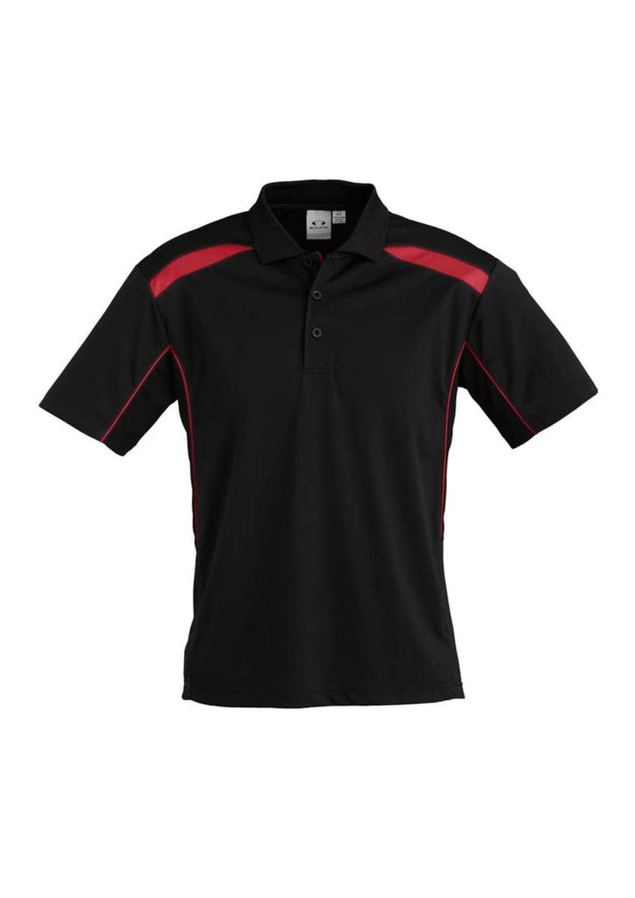 A black short sleeve polo shirt featuring red accents and a logo on the chest.