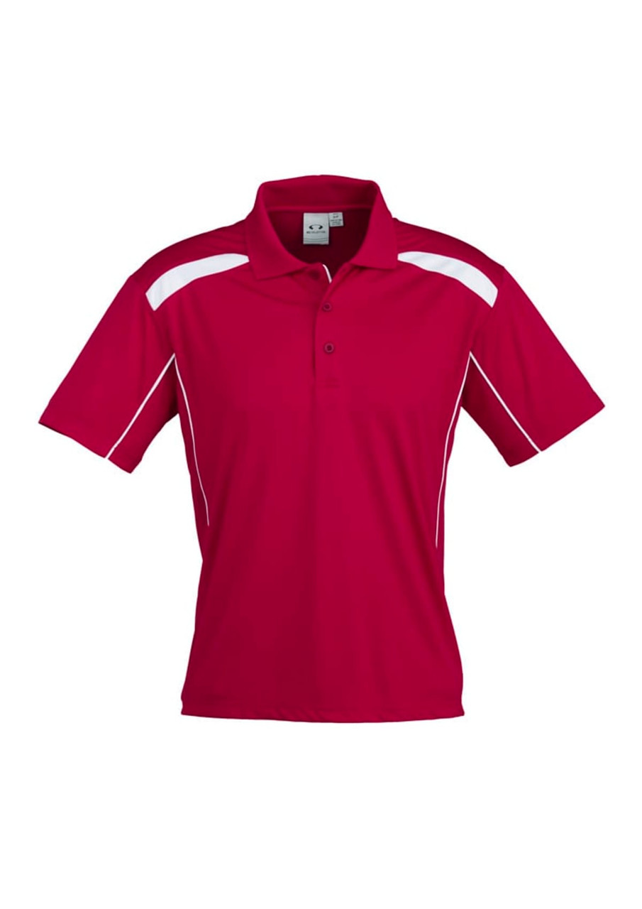 A red short sleeve polo shirt with white accents and a logo on the chest.