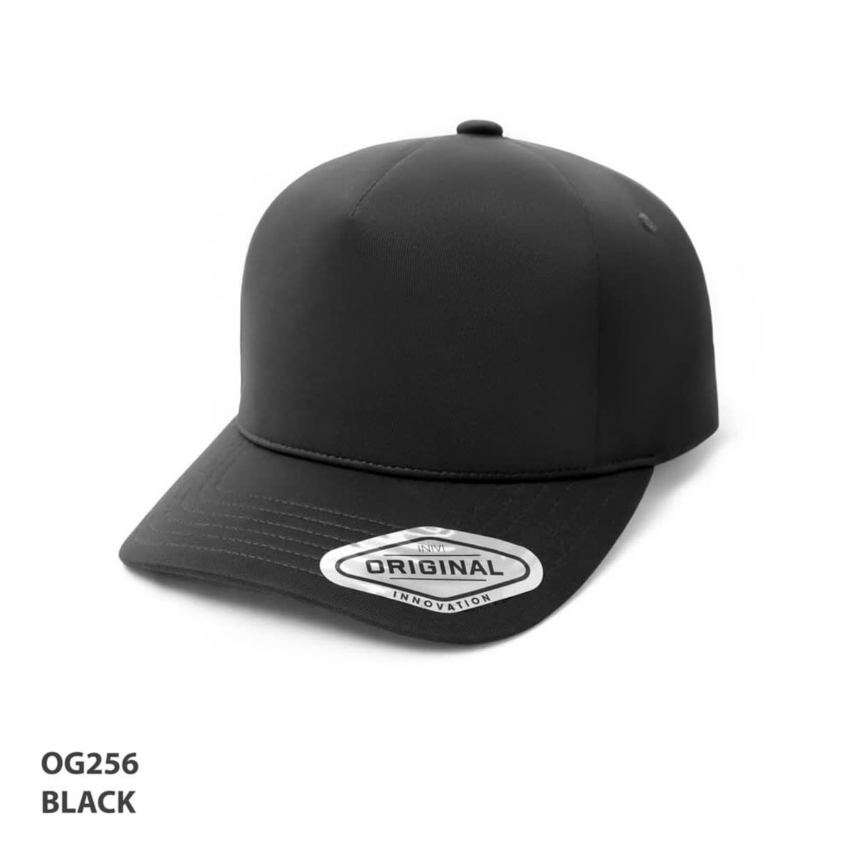 A black Seam-Free Tech A-Frame cap with a logo on the side and a structured design.