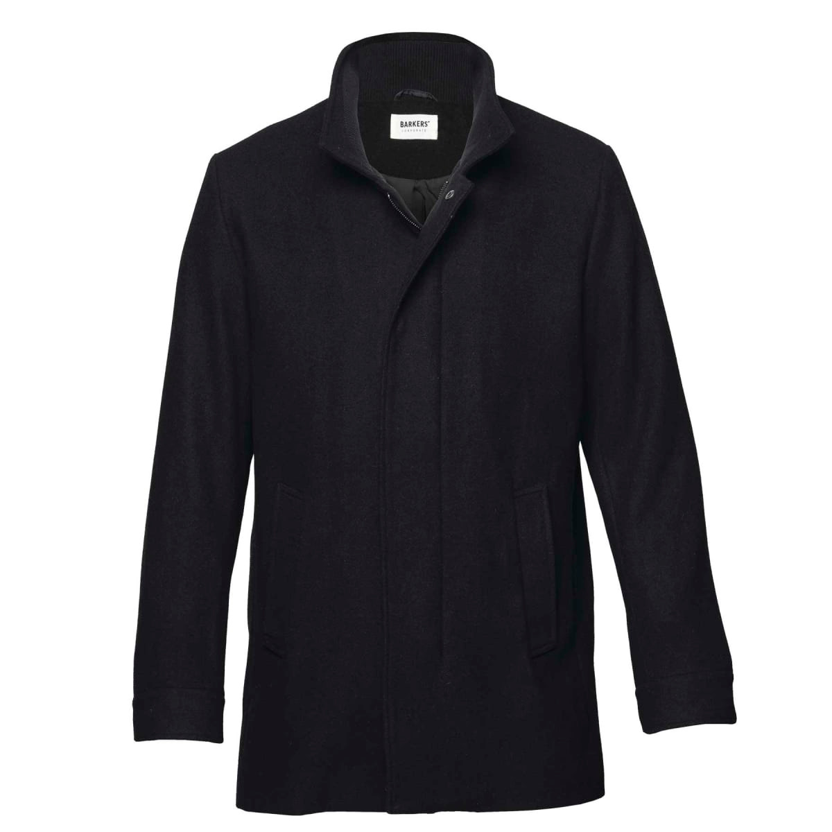 A dark navy wool jacket with a high collar and a front fastening, featuring side pockets and a brand logo.