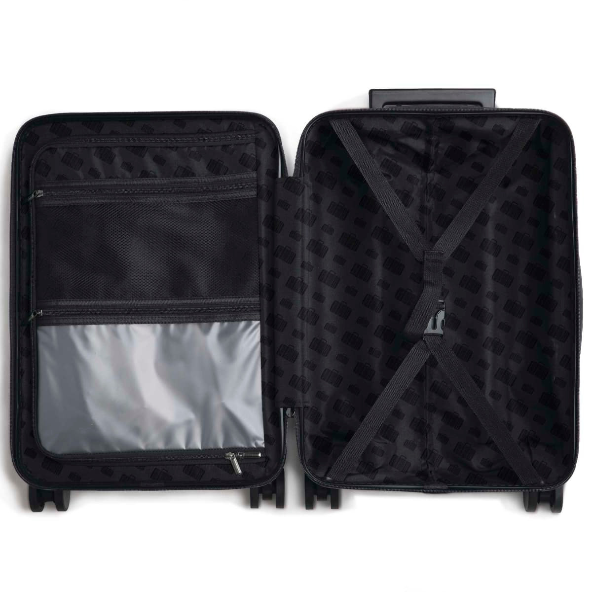 A black hardcase trolley suitcase with a patterned interior and zippered compartments, featuring adjustable straps.