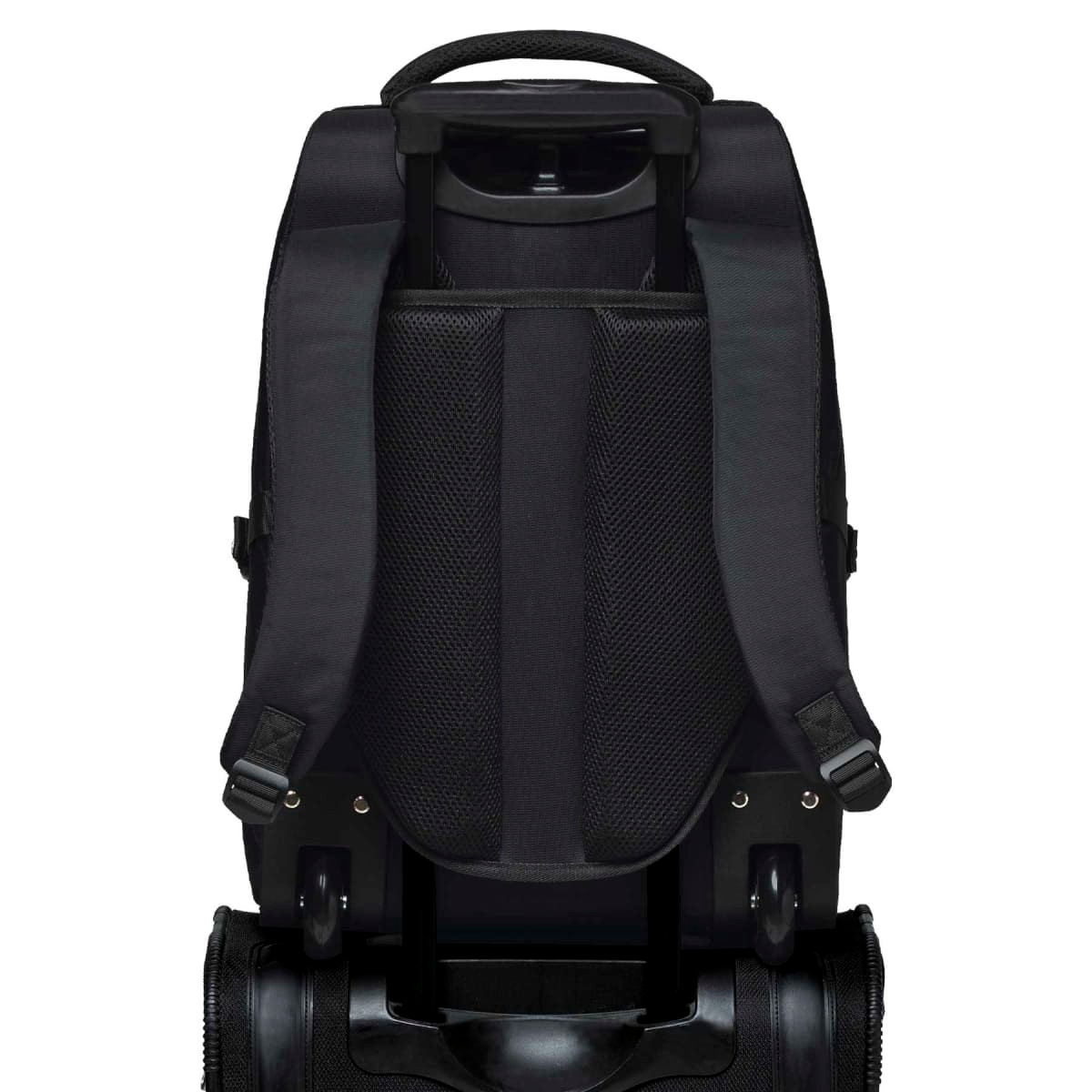 A black trolley backpack featuring padded shoulder straps and a wheeled base for easy transport.