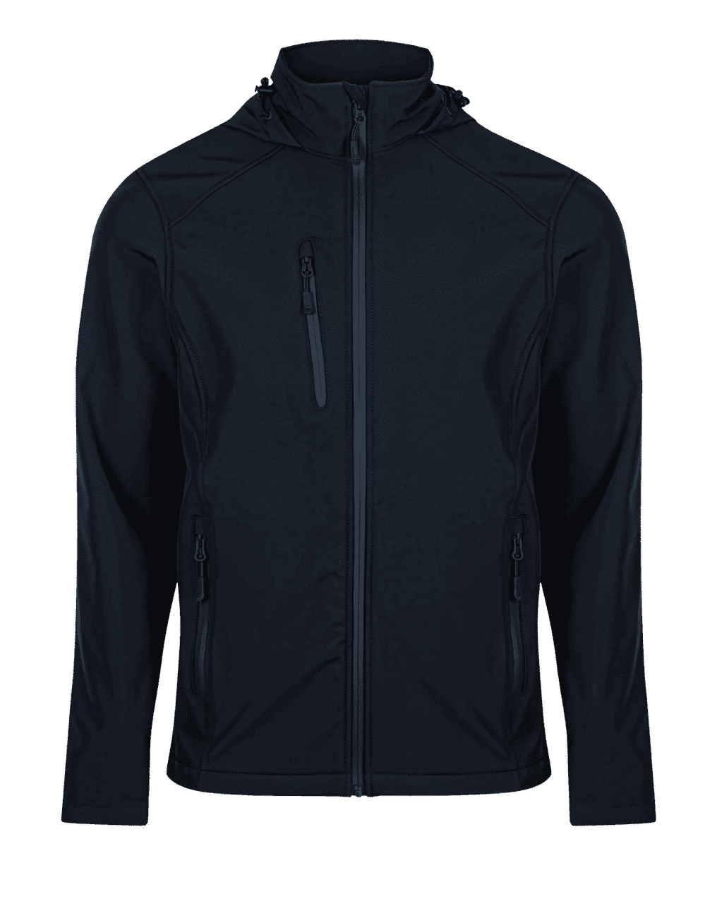 A navy jacket with a hood, featuring zippered pockets and a sleek design, includes a logo.