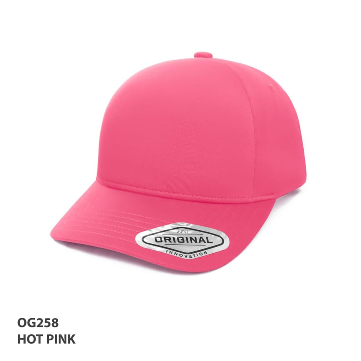A hot pink cap with a seamless design, featuring a branding logo on the side.