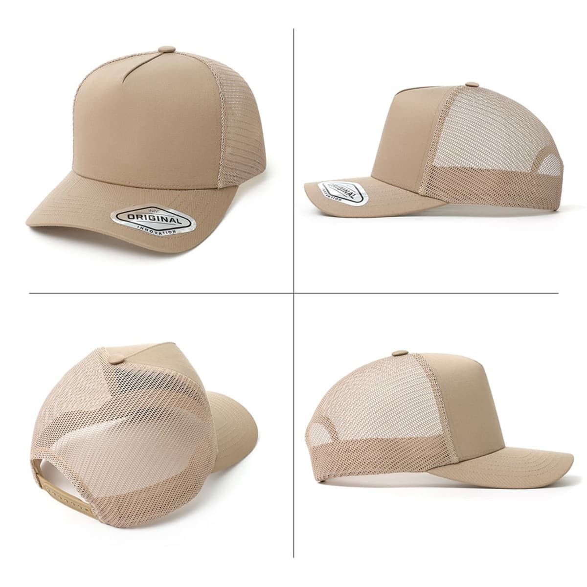 A beige A-Frame seamless mesh cap with a curved brim and a branded logo on the front.