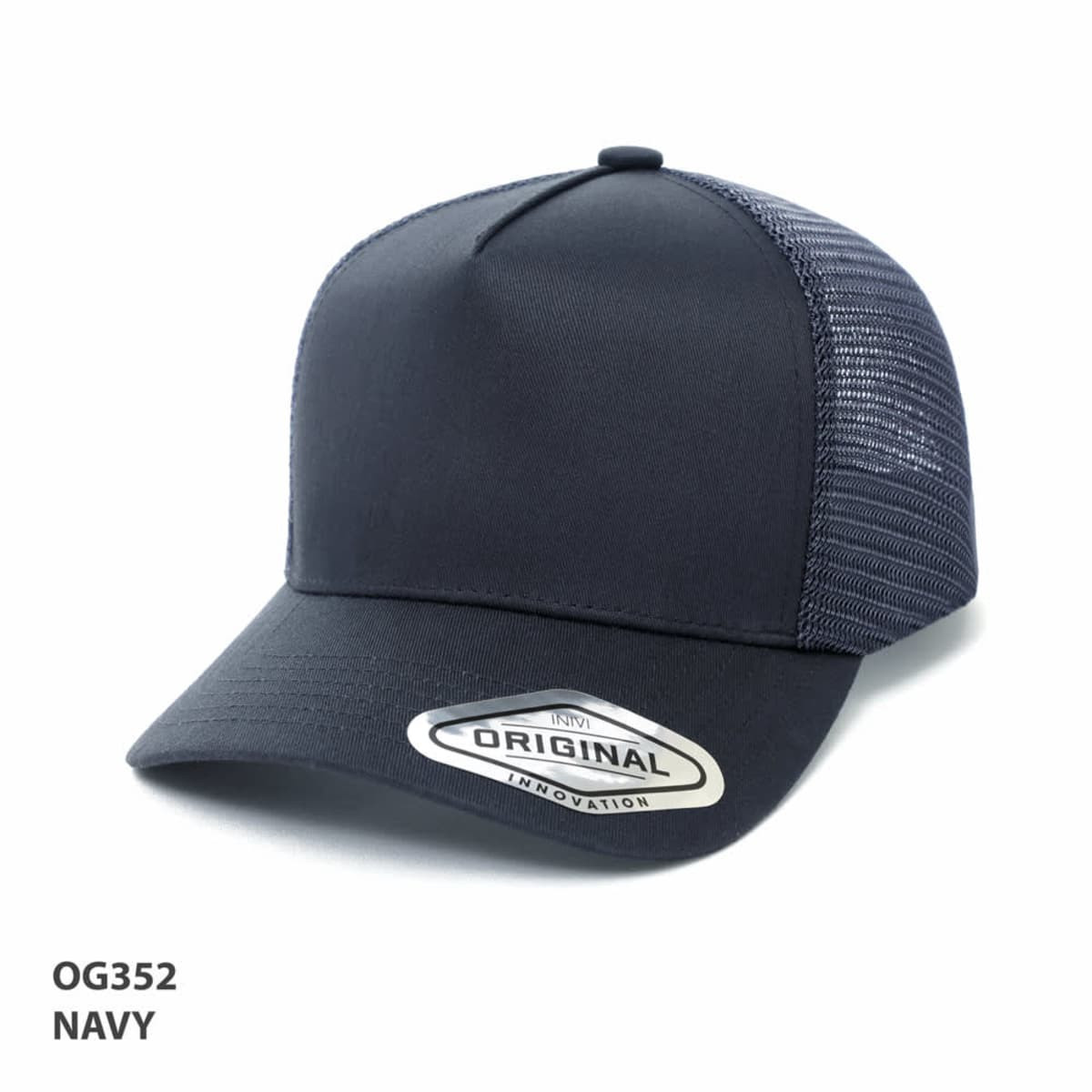A navy A-Frame Seamless Mesh Cap with a curved brim and a mesh back, featuring a branding logo.