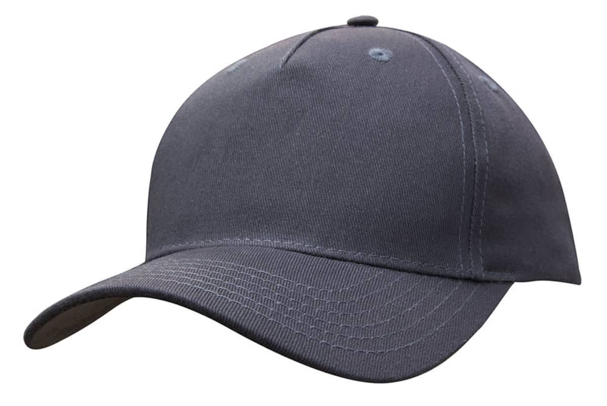 A grey cotton twill cap with a buckle, featuring a solid design and a logo on the front.