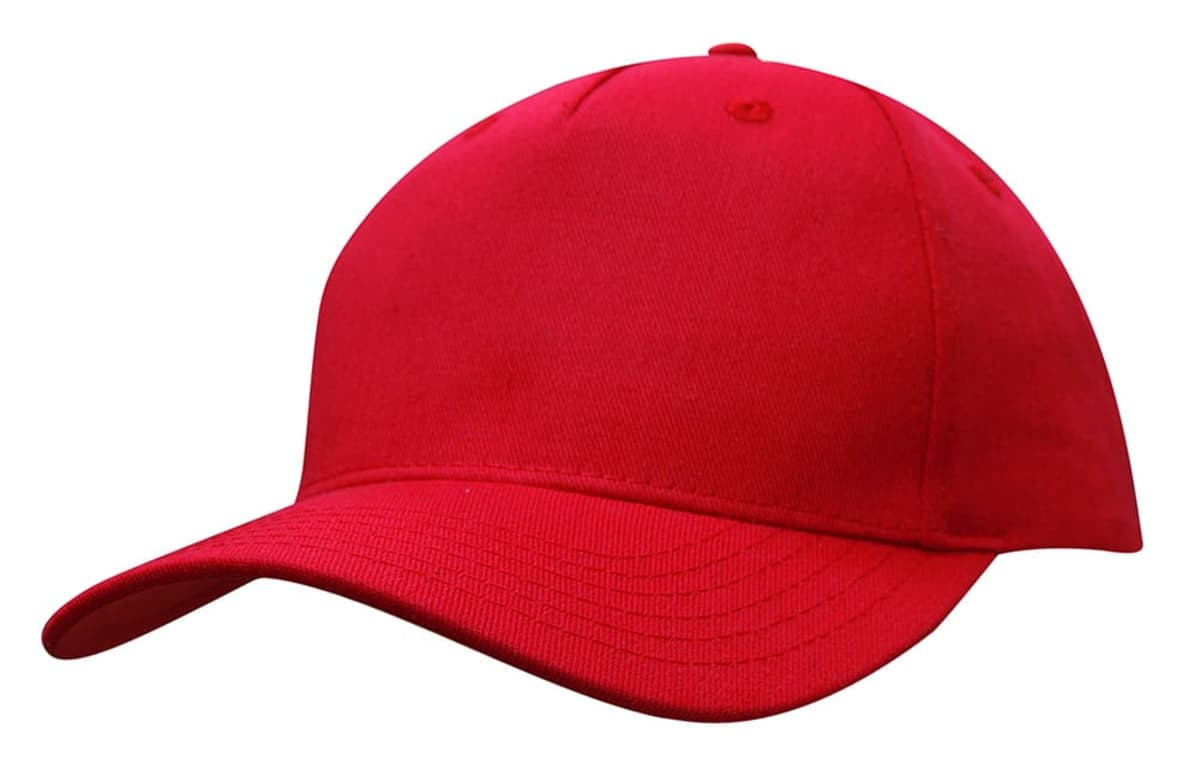 A red cotton twill cap with a buckle, featuring a curved brim and a seamless design.