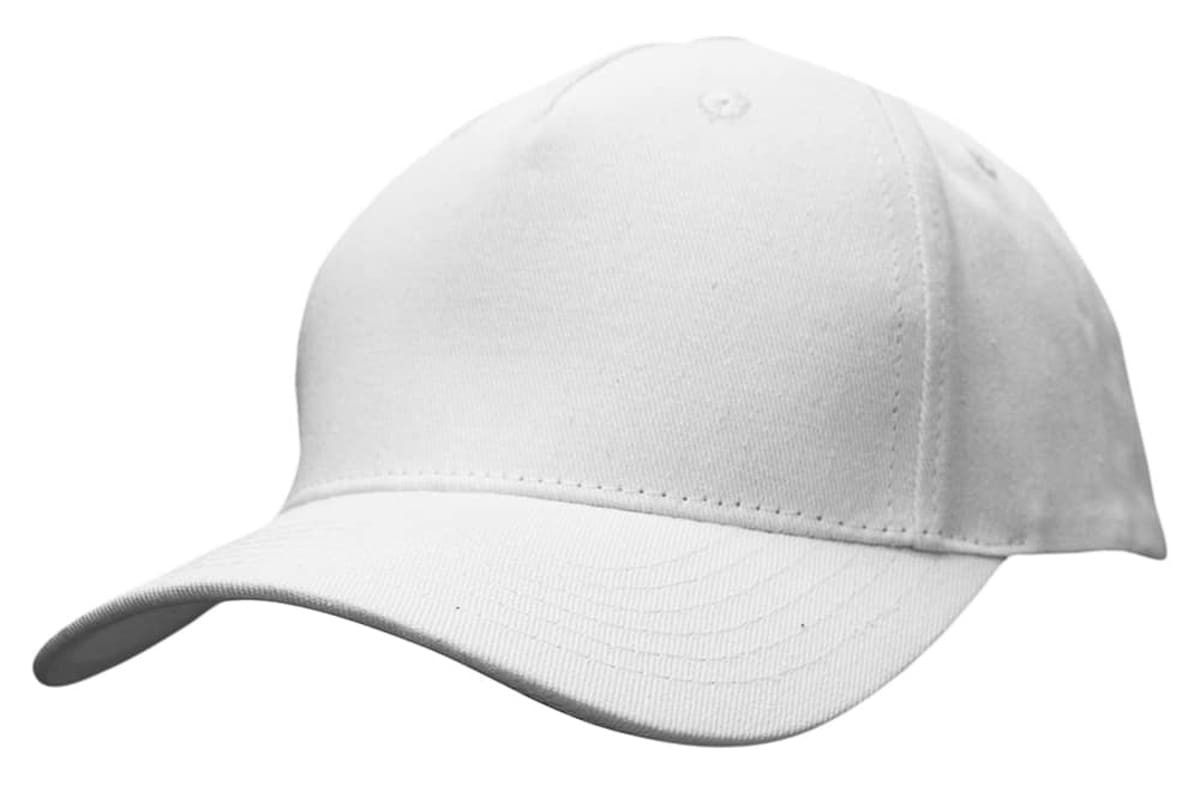 A white cotton twill cap with a buckle closure and a curved brim, featuring a logo.