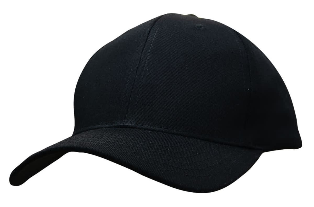 A black cotton twill cap with a buckle at the back and a structured peak. It features a logo on the front.