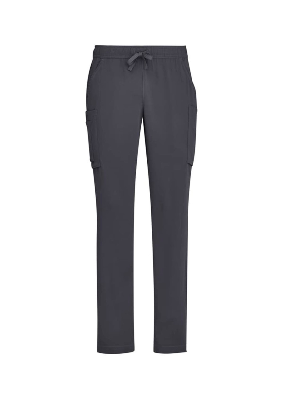 Men's straight leg scrub pants in dark grey, featuring cargo pockets and an adjustable drawstring waist.